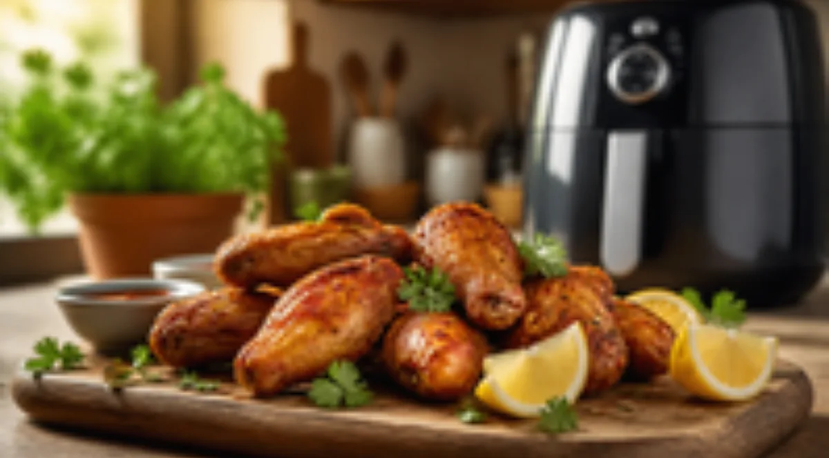 Alitas de pollo doradas en una tabla de madera con gajos de limón y una freidora de aire al fondo