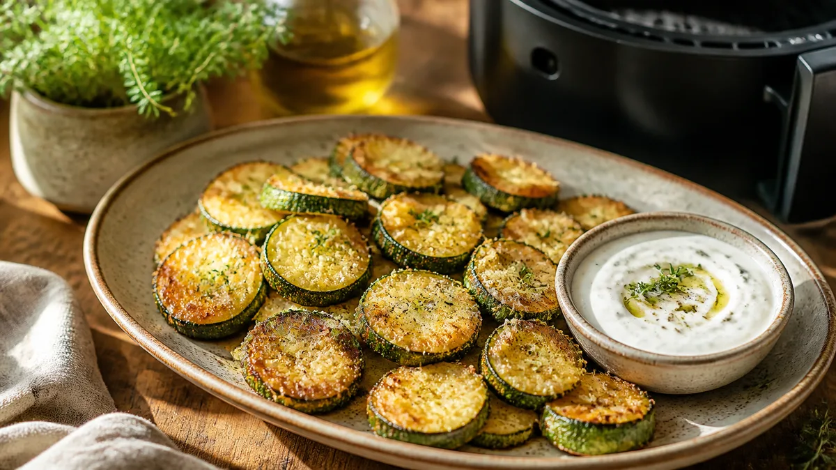 Rodajas de calabacín doradas con parmesano en una fuente, con salsa de yogur y una freidora de aire al fondo