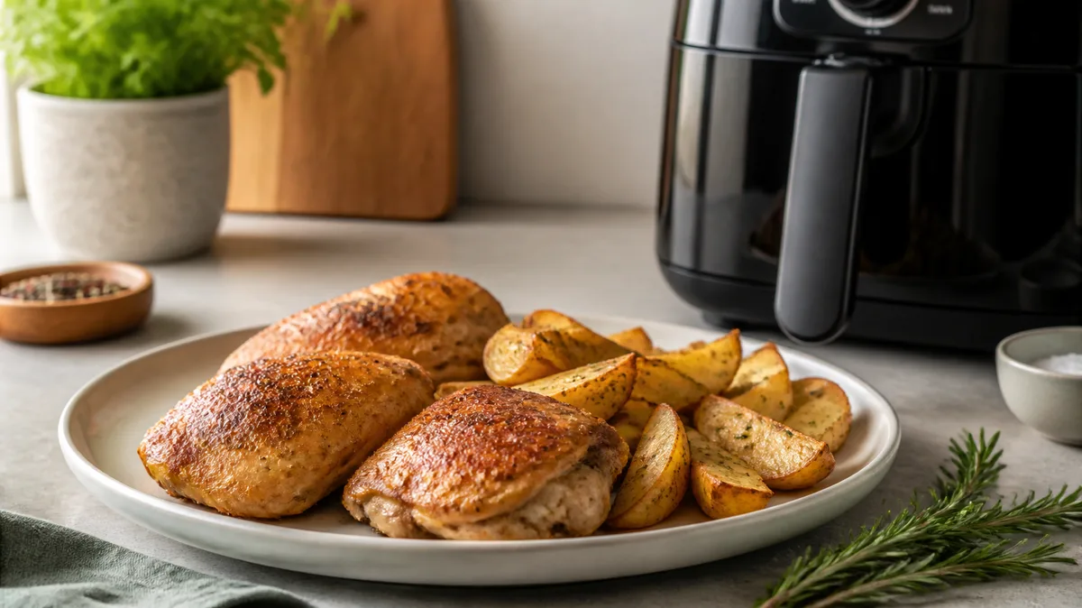 Contramuslos de pollo dorados con gajos de patata en un plato, con romero y una freidora de aire al fondo