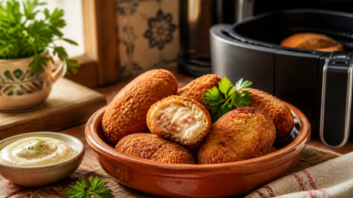 Croquetas doradas en una cazuela de barro, una partida por la mitad, con alioli y una freidora de aire al fondo