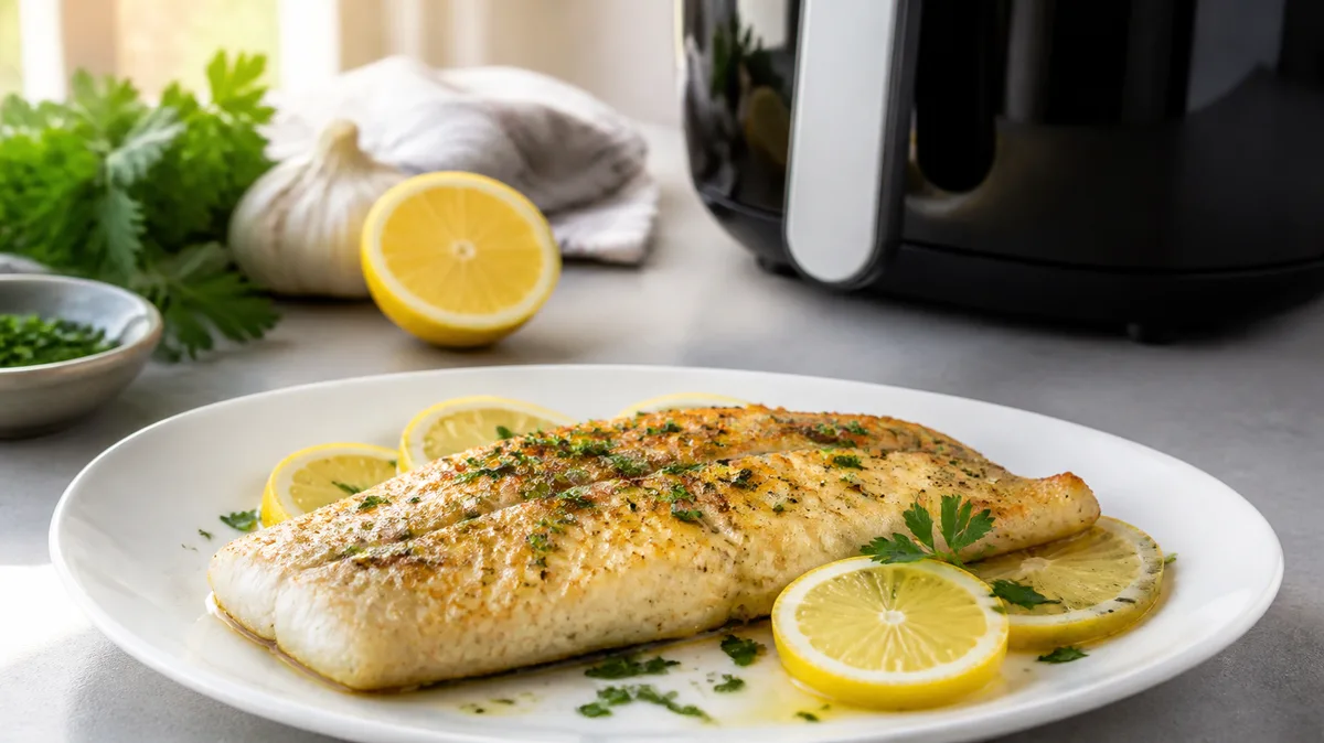 Lomo de merluza dorado con perejil y rodajas de limón en un plato blanco, con una freidora de aire al fondo