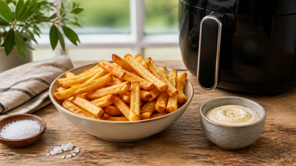 Bol de patatas fritas caseras doradas con sal en escamas y alioli, junto a una freidora de aire