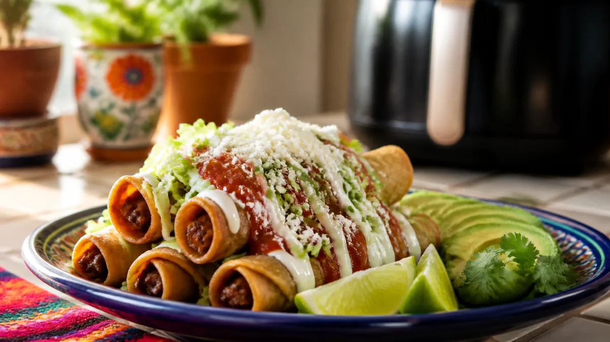 Tacos dorados con crema, salsa roja, queso fresco, lechuga, aguacate y lima, con una freidora de aire al fondo